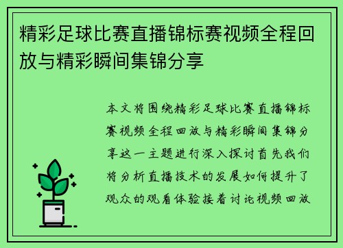 精彩足球比赛直播锦标赛视频全程回放与精彩瞬间集锦分享